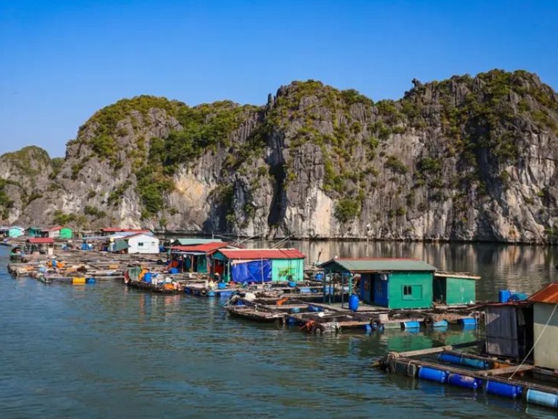 Những ngôi nhà bè của ngư dân nằm nép mình bên núi đá