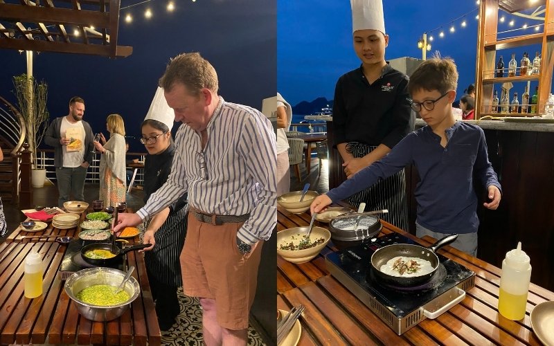 Du khách thực hành nấu món Việt trên boong tàu Heritage Cruises Bình Chuẩn